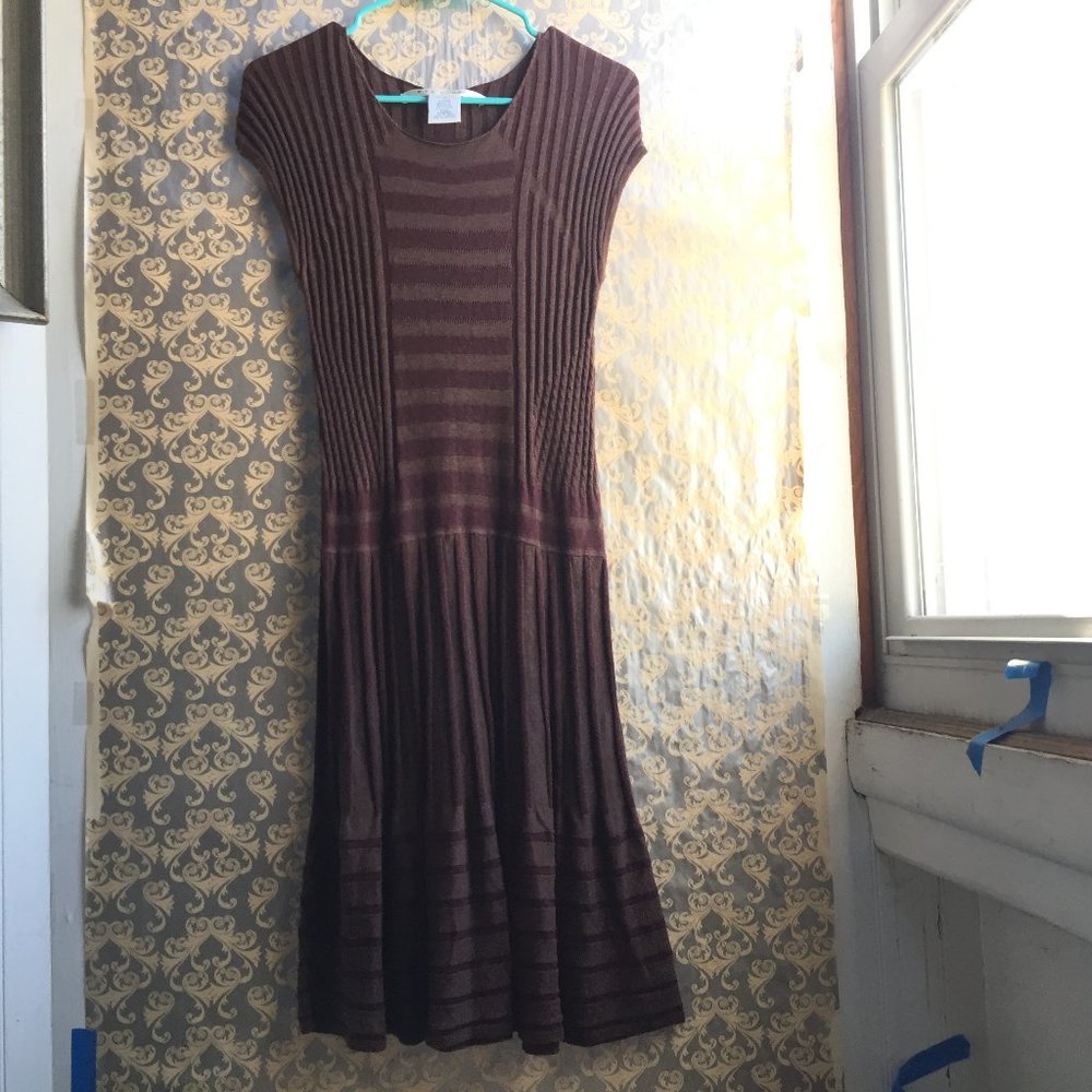 Y2K Max Studio Chocolat Brown Striped Ribbed Sweater Dress  M Stretch Cap Sleeve